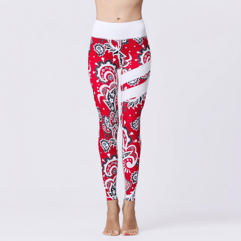 Women's high waist sports leggings with red floral print, SF1108, offering a slim fit, perfect for yoga and fitness activities. Nylon-spandex blend.